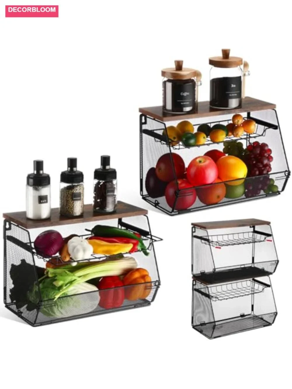 2 Pc Stackable Mesh Fruit Basket Wood Lid Pull-Out Drawer Kitchen Storage